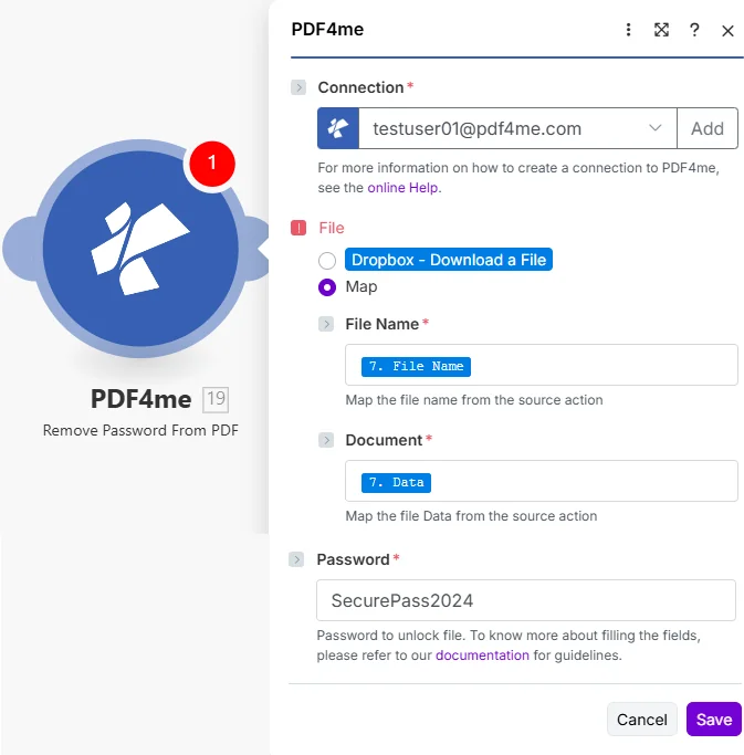 点击放大 使用 PDF4me 从 PDF 模块中移除密码,显示“连接”设置为“我的 PDF4me 连接”,“文件”设置为“映射”,其中包含从上一个下载步骤映射的文件名和文档,以及“密码”字段,其中已输入文档密码。